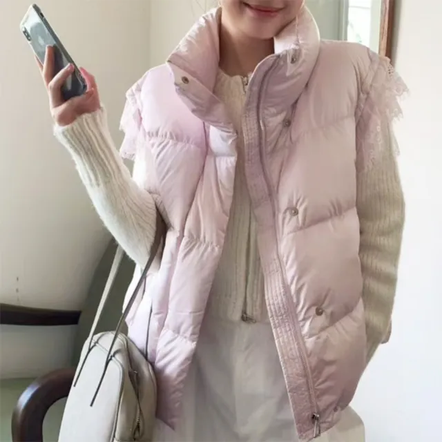 【巴黎精品】頂級真羽絨背心90%鴨絨羽絨衣秋冬外套上衣大碼休閒女裝(立領氣質蕾絲袖4色n1lr87)
