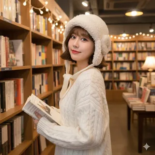 【HaNA 梨花】買一送一贈圍脖 冬日書店系女孩｜羊羔絨護耳針織帽・可愛保暖兩用款(針織帽 秋冬穿搭)