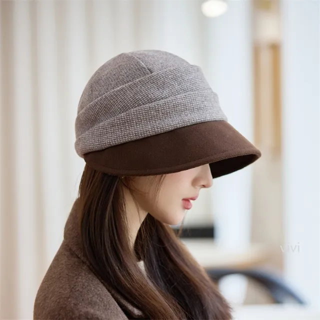 【HaNA 梨花】買一送一贈圍脖 秋冬氣質系小細格雙拼毛帽報童帽(報童帽 秋冬百搭)