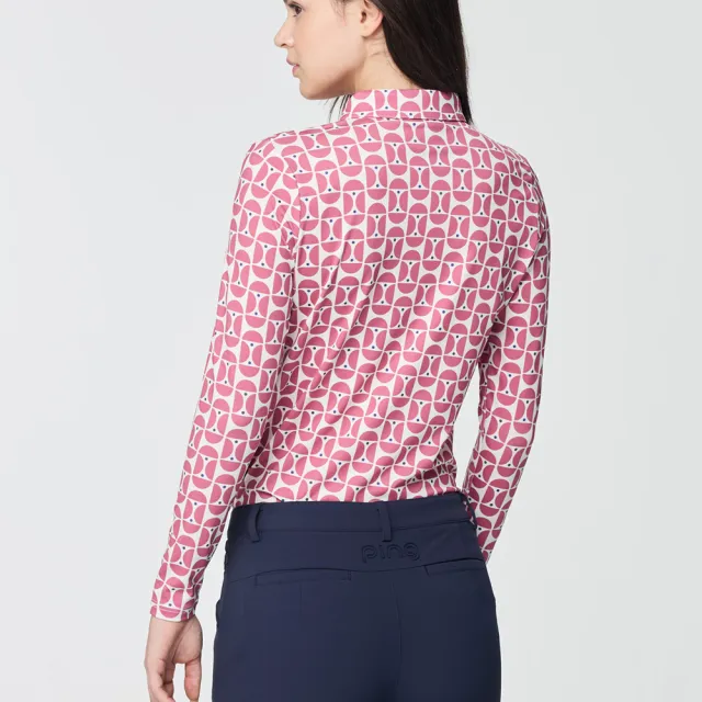 【PING】女款普普風銀離子薄長袖POLO衫-玫瑰紅(吸濕排汗/抗菌防臭/GOLF/高爾夫球衫/RA25202-17)