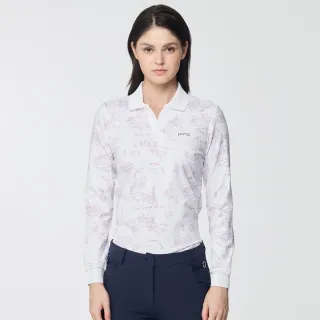 【PING】女款手繪城鎮翻領高爾夫長袖POLO衫-紫(吸濕排汗/蓄熱保暖/GOLF/高爾夫球衫/RA25203-65)