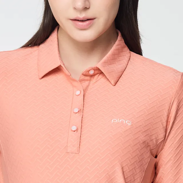【PING】女款人字紋吸濕排汗長袖POLO衫-粉橘(GOLF/高爾夫球衫/RA25206-23)