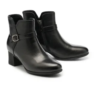 【MELROSE】美樂斯 別致時尚感金屬釦繫帶牛皮高跟短靴(黑)