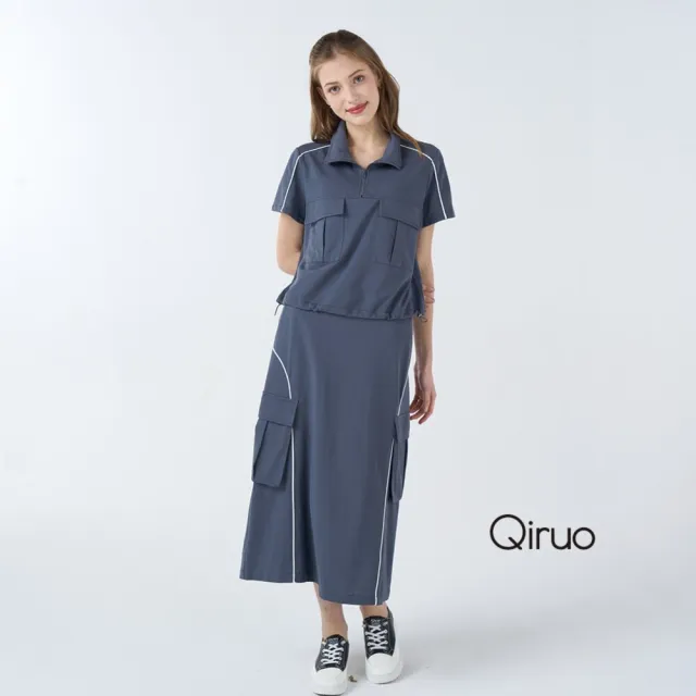 【Qiruo 奇若名品】中厚棉 立領雙口袋短袖灰色休閒上衣 7065A
