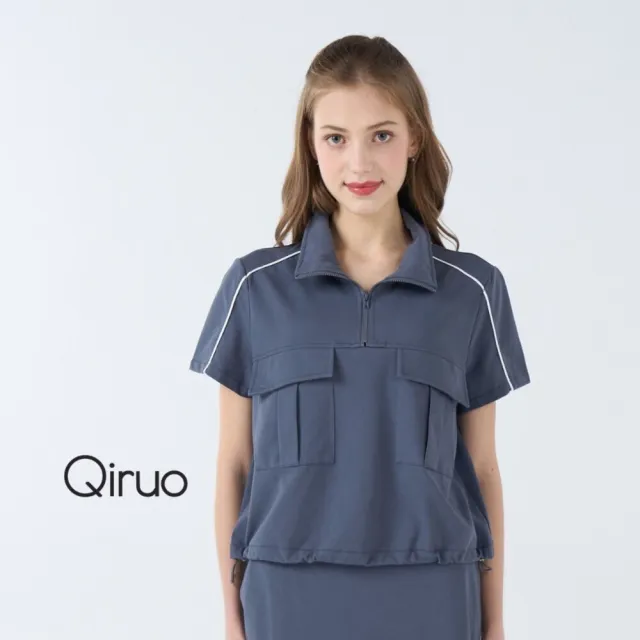 【Qiruo 奇若名品】中厚棉 立領雙口袋短袖灰色休閒上衣 7065A