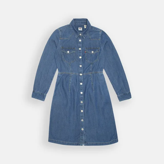 【LEVIS】女款 合身長版牛仔洋裝 / 襯衫式順腰設計 / 經典外套母扣 上衣 熱賣單品 A7565-0000