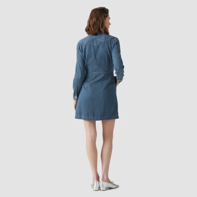 【LEVIS】女款 合身長版牛仔洋裝 / 襯衫式順腰設計 / 經典外套母扣 上衣 熱賣單品 A7565-0000