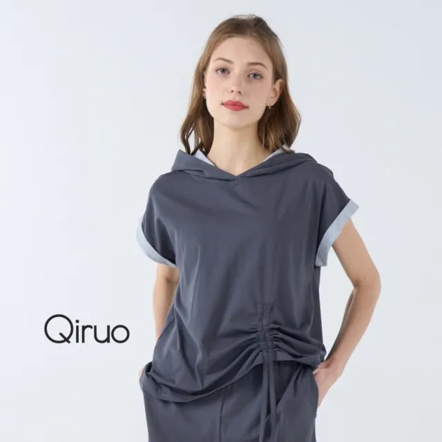 【Qiruo 奇若名品】軟棉質雙色布料 上下伸縮造型 短袖灰色連帽上衣 7067A