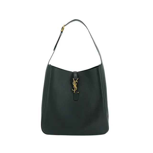 【YSL】LE 5A7 金logo粒面牛皮Hobo肩背包-大(753837-黑)