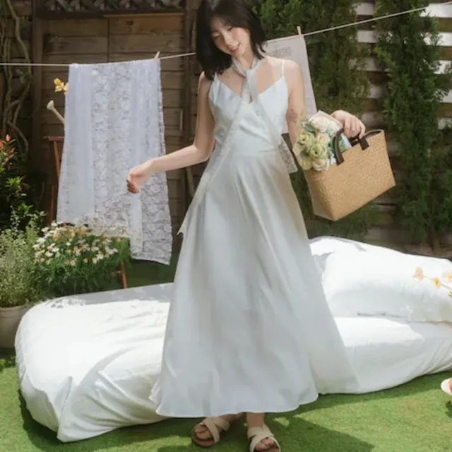 【SeasonsBikini】緞面露背長洋裝 白 -783(綁帶長洋裝輕婚紗)