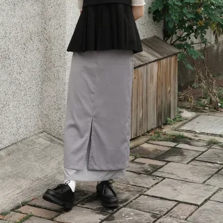 【plain-me】SAAKO 層次直筒西料裙 SAA5026-251(女裙子 裙 休閒裙子 西裝裙 長裙 開衩 雙層)