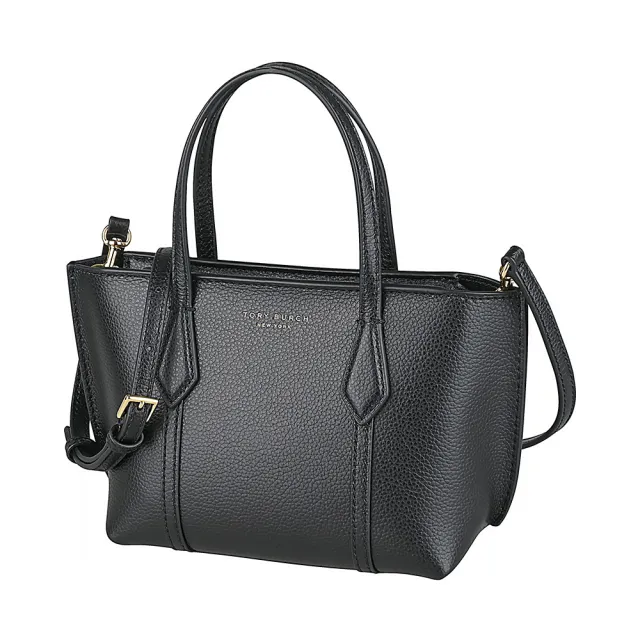 【TORY BURCH】TORY BURCH Perry燙金字LOGO荔枝紋牛皮拉鍊手提/斜背托特包(迷你/黑)