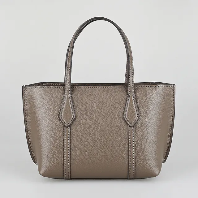 【TORY BURCH】TORY BURCH Perry燙金字LOGO荔枝紋牛皮拉鍊手提/斜背托特包(迷你/野生菇棕褐)