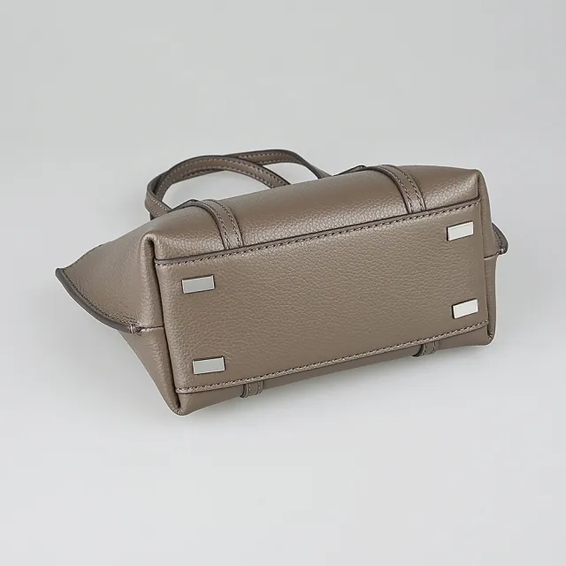 【TORY BURCH】TORY BURCH Perry燙金字LOGO荔枝紋牛皮拉鍊手提/斜背托特包(迷你/野生菇棕褐)