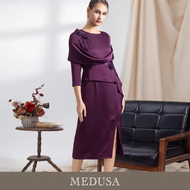 【MEDUSA 曼度莎】現貨-披肩立體花朵修身喜宴小禮服 - 2色（M-XL）｜喜宴禮服 媽媽修身長洋裝(701-70606)