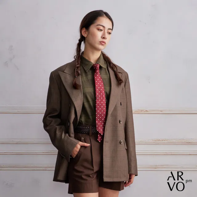 【ARVOpm】男女同款 雙排釦劍領棕色格紋寬鬆版西裝外套-725213014021(限時6折)
