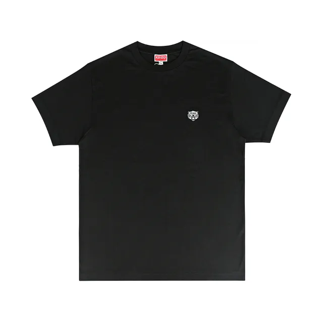 【KENZO】KENZO Happy Tiger藍色繡字LOGO針繡老虎頭布章純棉短袖T恤(男款/黑)
