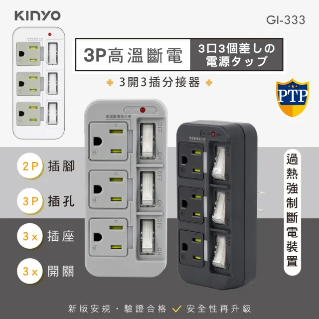 【KINYO】高溫斷電•新安規3P3開3多插頭分接器/分接式插座(GI-333顏色任選-二入組)