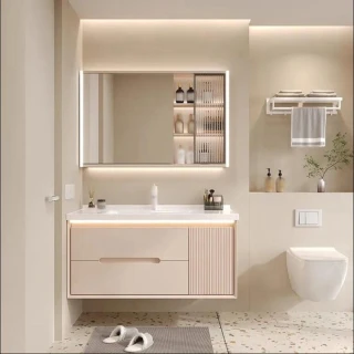 【JU JIA JIA 居家家】70CM奶油法式輕奢浴室櫃組合(陶瓷一體洗手盆 洗臉盆 智能鏡櫃 浴室鏡 浴櫃)