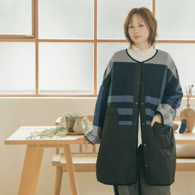 【MOSS CLUB】循環大格拼接滾邊絎縫鋪棉外套(藍 米 咖/魅力商品)
