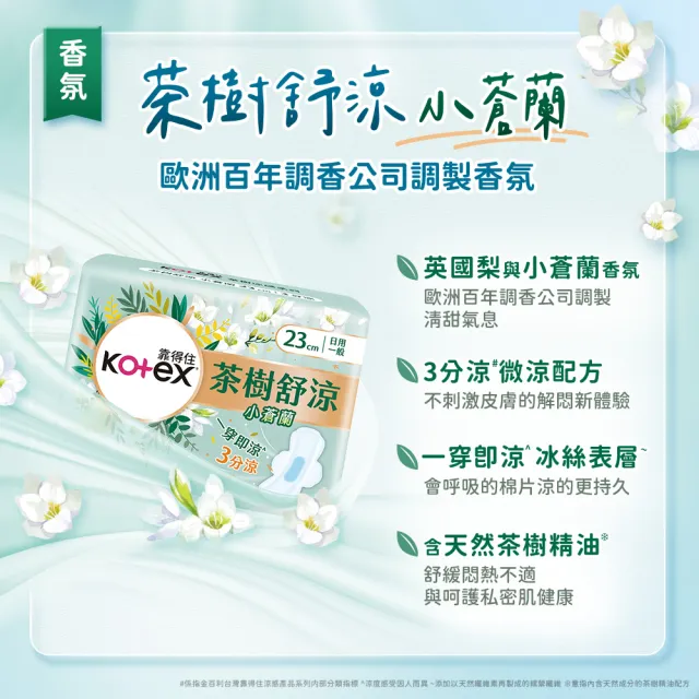 【Kotex 靠得住】茶樹舒涼棉35cm+舒涼棉小蒼蘭28cm+沁涼棉23cm+沁涼褲L號+舒涼護墊各1包(涼感新客體驗組)