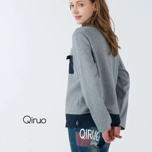 【Qiruo 奇若名品】鬆鬆綿 立領下擺滾深藍 小口袋灰色上衣3229A 