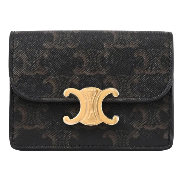 【CELINE】TRIOMPHE 金屬LOGO印花拼接信用卡名片零錢包(深咖)