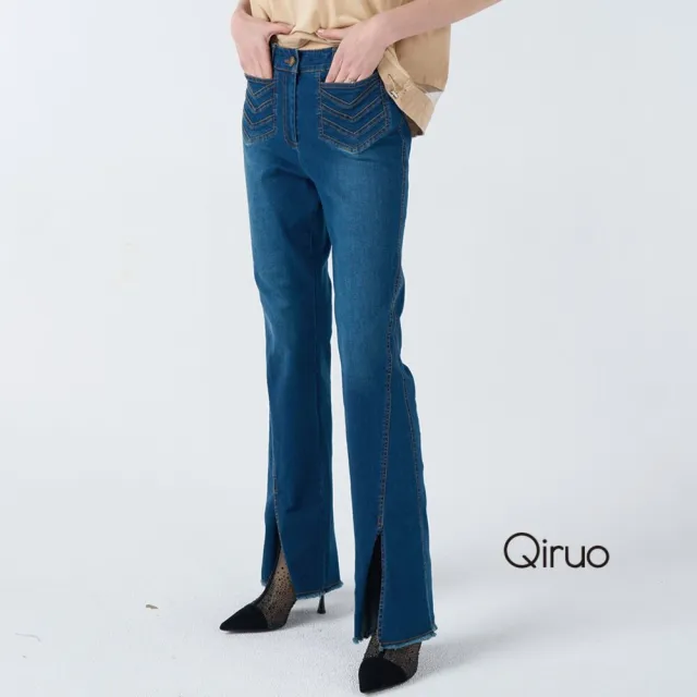【Qiruo 奇若名品】牛仔彈性布料口袋造型藍色小喇叭牛仔褲3237C