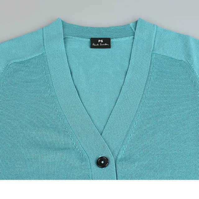【Paul Smith】PAUL SMITH 白簽字LOGO柔軟羊毛搭繽紛滾邊長袖V領5鈕釦開襟衫(女款/綠藍)