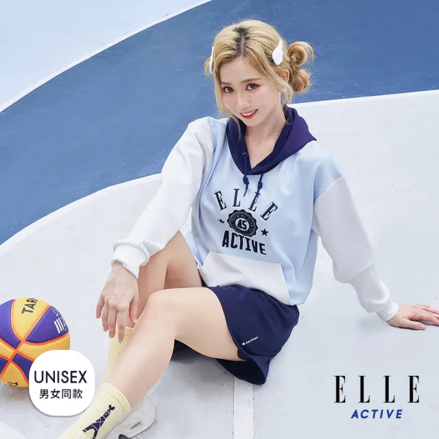 【ELLE ACTIVE】女款 拼色學院風長袖連帽T恤-淺藍色(EA25A2F1403-31)