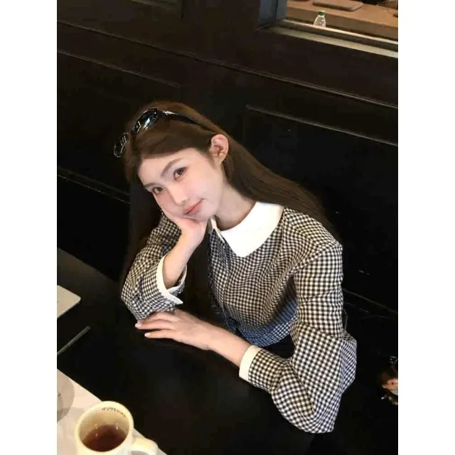 【MsMore】漂亮法式小個子黑白格紋翻領長袖襯衫上衣#126434(黑白)