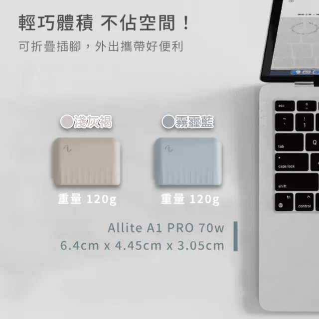 【ALLite】ALLite A1 PRO 70W 1A+2CG氮化鎵三孔快充電器1入/盒(原廠保固附萬國轉接頭BSMI認證電源旅充頭PD