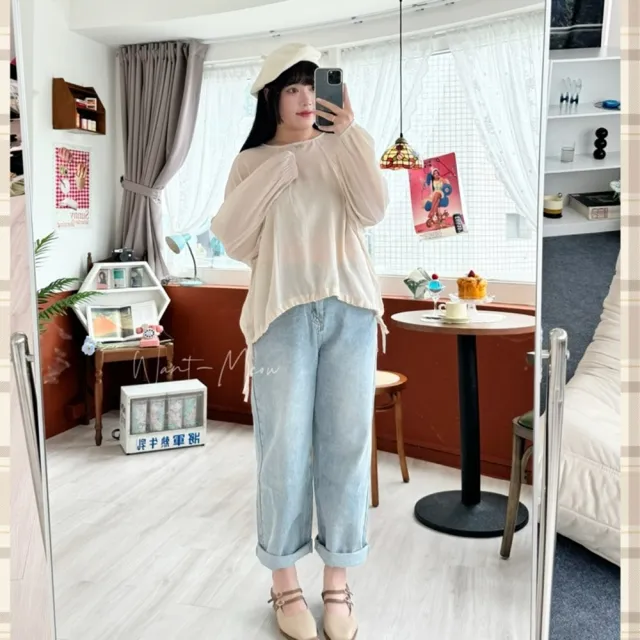 【Want-Meow】100公斤可穿/簡約感棉麻涼爽長袖棉麻寬鬆上衣(大碼/大尺碼/加大碼/長袖上衣)