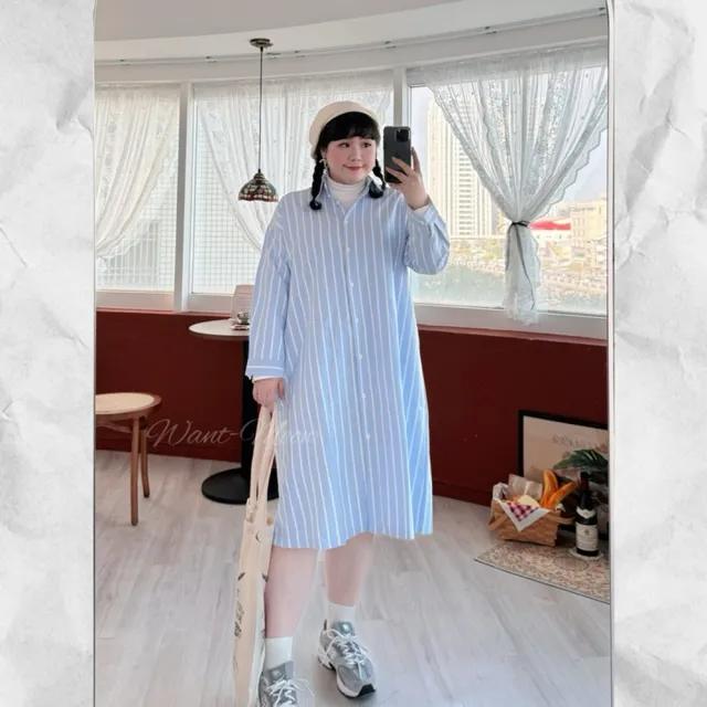 【Want-Meow】90公斤可穿/日系簡約寬鬆長袖條紋襯衫長版洋裝(大碼/大尺碼/加大碼/孕婦裝/長袖襯衫洋裝)
