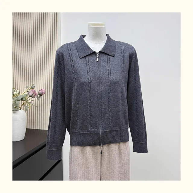 【VERTEX】時尚線條燙鑽翻領雙拉鍊針織上衣-B