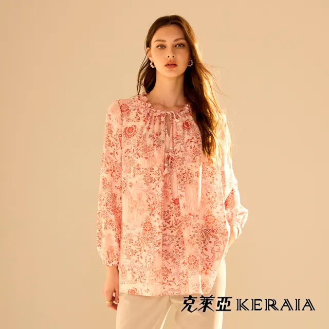 【KERAIA 克萊亞】杏桃花辭綁帶雪紡上衣