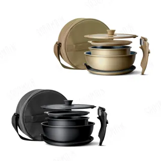 【仙德曼 SADOMAIN】*NEW 塗層升級*鑄造不沾煎烤盤（7件組）(附圓形收納袋/可拆卸把手/露營鍋具組)