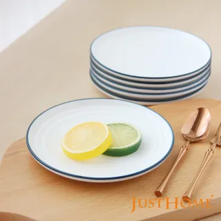 【Just Home】簡約純白藍邊陶瓷餐盤10件組-可微波(湯盤+點心盤 可微波)