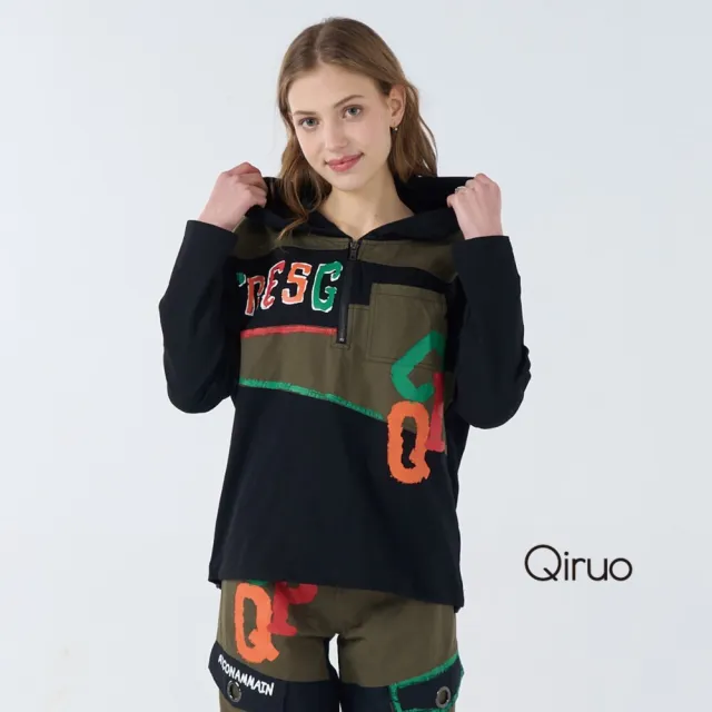 【Qiruo 奇若名品】棉質 多色拼接連帽上衣長袖黑色 7023A