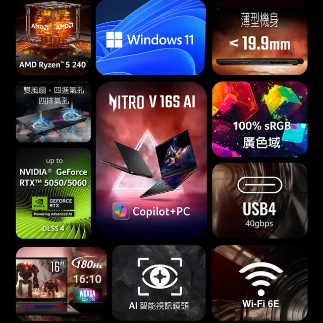 【Acer 宏碁】16吋 R5 RTX5060輕薄電競筆電-黑(Nitro V/ANV16S-41-R5FT/R5-240/16G/512GB/RTX5060/W11)