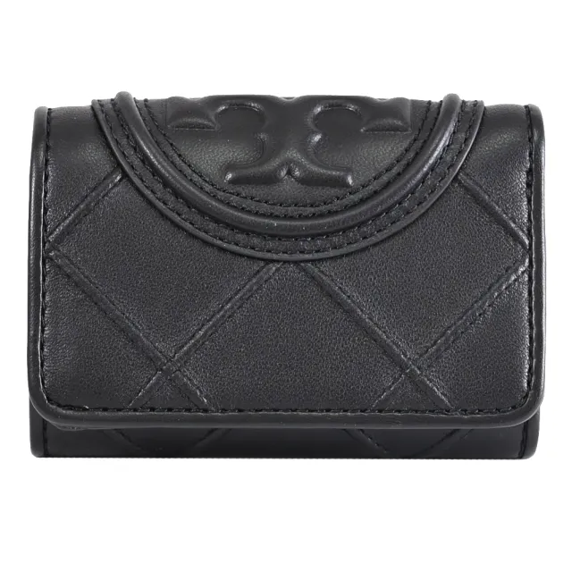 【TORY BURCH】經典立體雙T LOGO菱格車線皮革三折小短夾(黑)