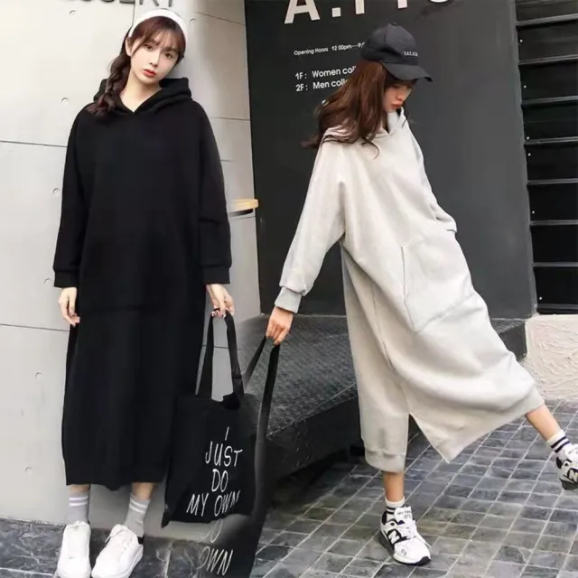 【AKARA】韓劇生活好休閒保暖連帽長裙洋裝(落肩寬鬆版型/帽T設計到4XL /過膝整件長裙連身洋裝/)