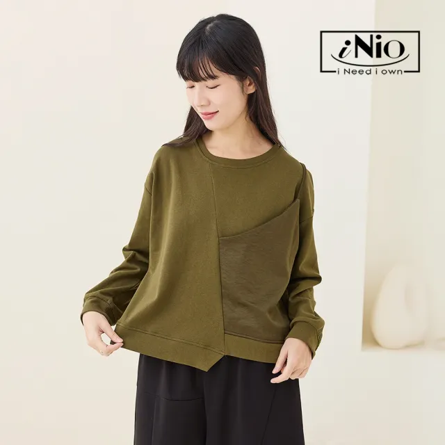 【iNio 衣著美學】修身舒適時尚長袖上衣 不對稱剪裁拼接 寬版修身棉T(CEW1813)