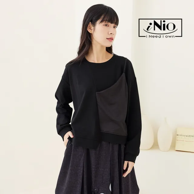 【iNio 衣著美學】修身舒適時尚長袖上衣 不對稱剪裁拼接 寬版修身棉T(CEW1813)