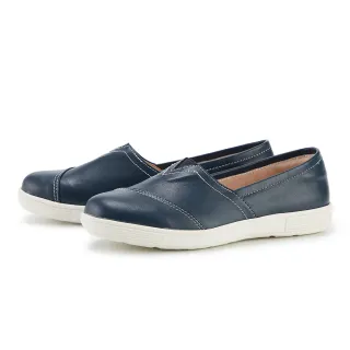 【MAGY】簡約V剪線牛皮平底休閒鞋(深藍)