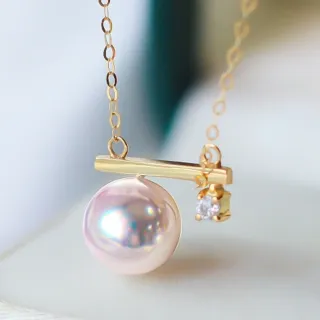 【La Corser】8.5-9mm 日本 Akoya 天然海水珍珠 項鍊 平衡木吊墜 鑲嵌鑽石 18K金 正圓珍珠