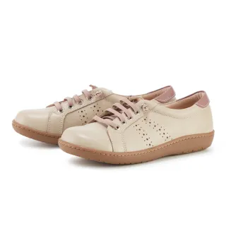 【MAGY】透氣打洞牛皮撞色免綁帶休閒鞋(裸色)