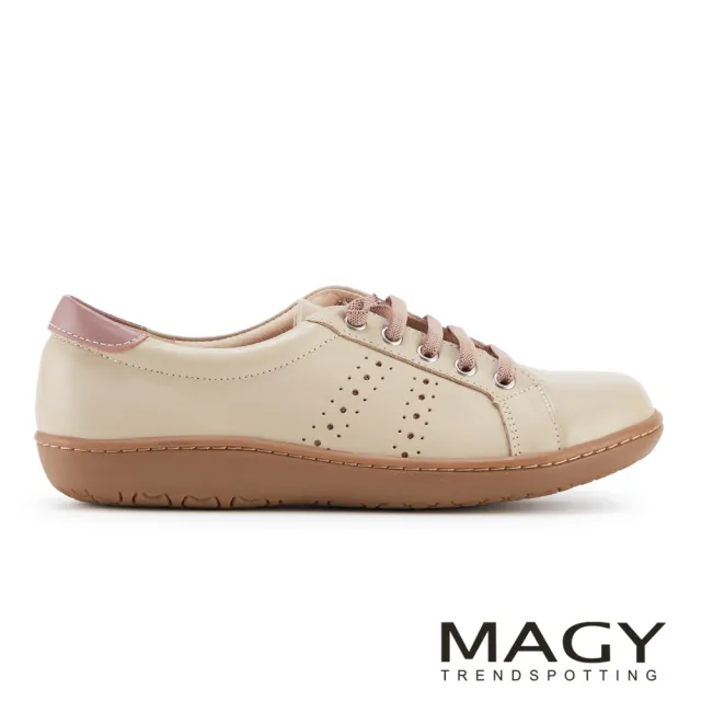 【MAGY】透氣打洞牛皮撞色免綁帶休閒鞋(裸色)