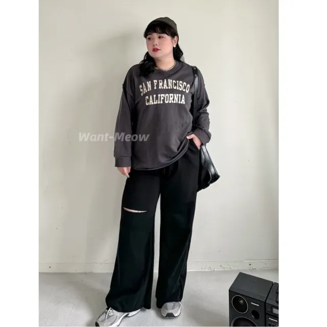 【Want-Meow】90公斤可穿/韓系鬆緊休閒割破棉寬褲(大碼/大尺碼/加大碼/鬆緊寬褲)