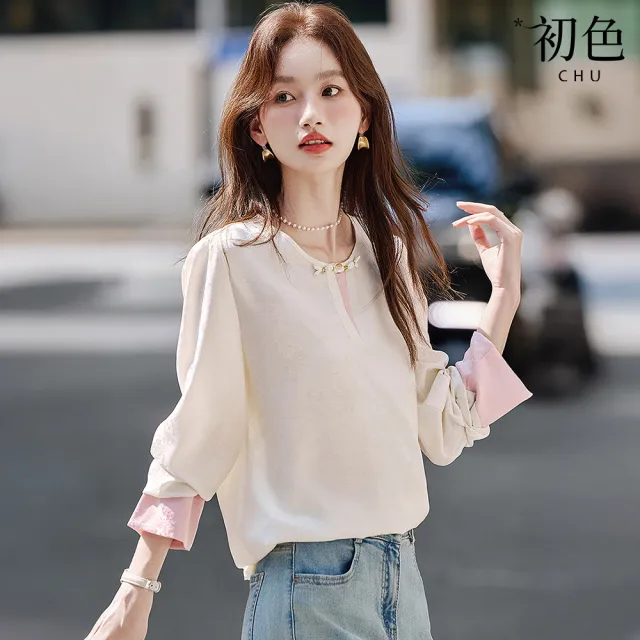 【初色】新中式圓領落肩七分袖撞色假兩件拼接上衣女上衣-淺杏色-16660(M-3XL可選)